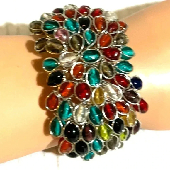 Handcuffed wire wrapped multi colored crystal beads bracelet adjustable - Picture 3 of 4